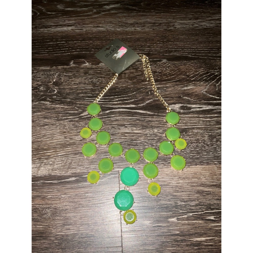 Studio S Bib Necklace Gold Tone Resin Stone Statement Adjustable Chain green